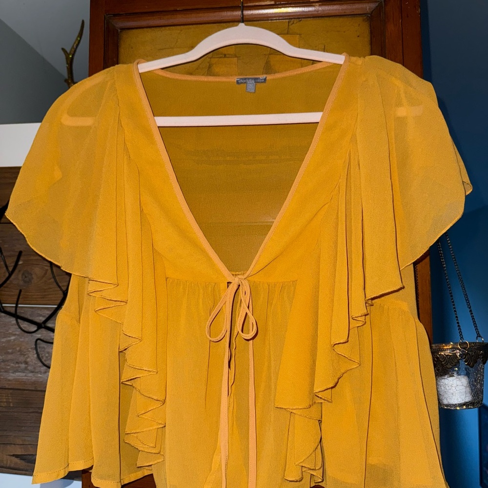 Charlotte Russe Yellow Flutter Sleeve Blouse with Tie Front and Ruffled Details